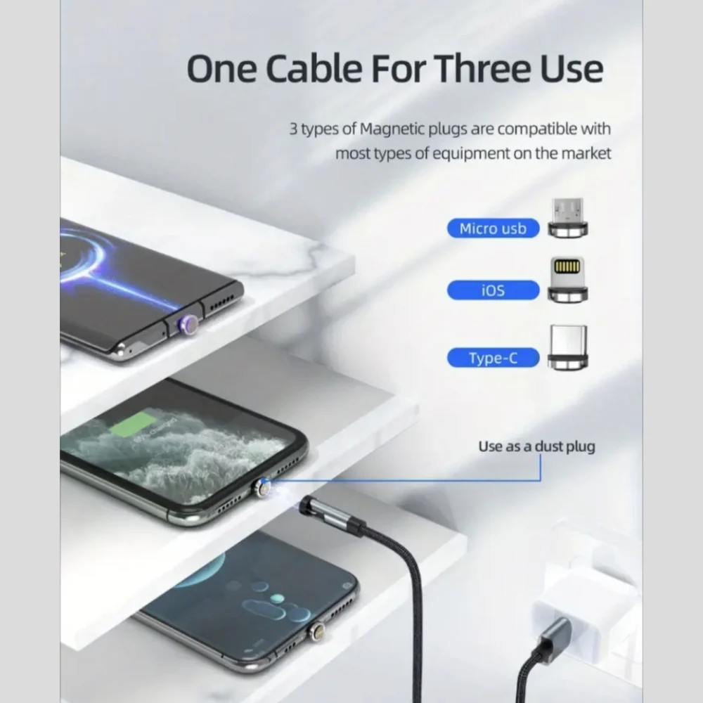 1x Black Magnetic Charging / Data Cable with 3x Charger Heads 540° Rotation